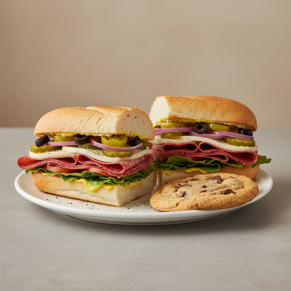 Salami & Provolone Sub on White Bread & a Chocolate Chip Cookie (No Tomatoes) Salami & Provolone Sub on White Bread & a Chocolate Chip Cookie (No Tomatoes)