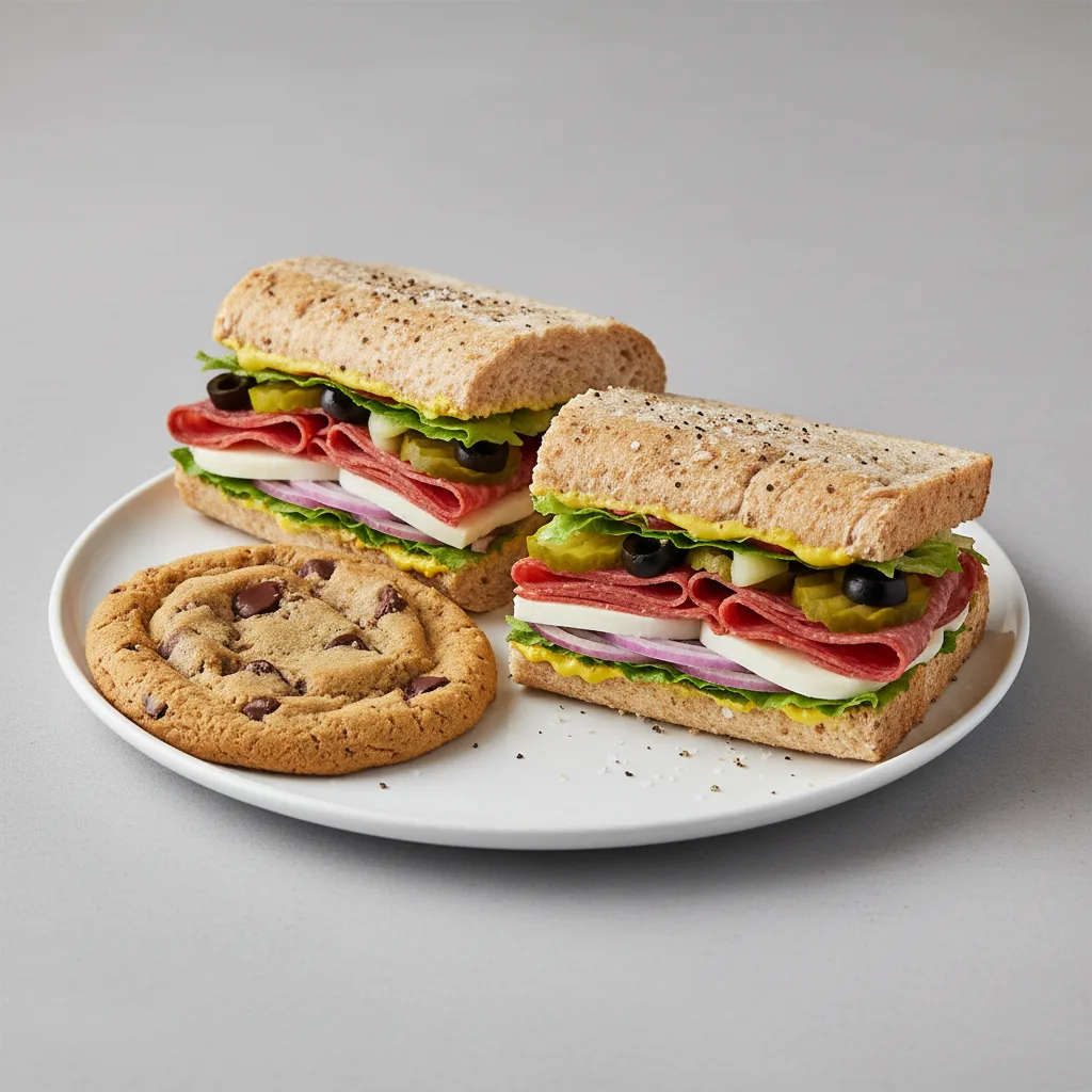 Salami & Provolone Sub on Whole Grain Wheat & Chocolate Chip Cookie (No Tomatoes) Salami & Provolone Sub on Whole Grain Wheat & Chocolate Chip Cookie (No Tomatoes)