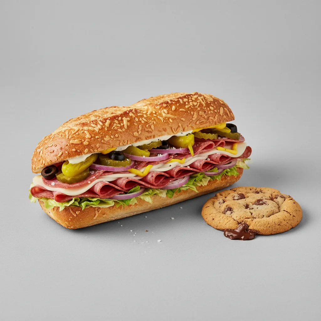 Salami & Provolone Sub on Parmesan Bread & a Chocolate Chip Cookie (No Tomatoes) Salami & Provolone Sub on Parmesan Bread & a Chocolate Chip Cookie (No Tomatoes)