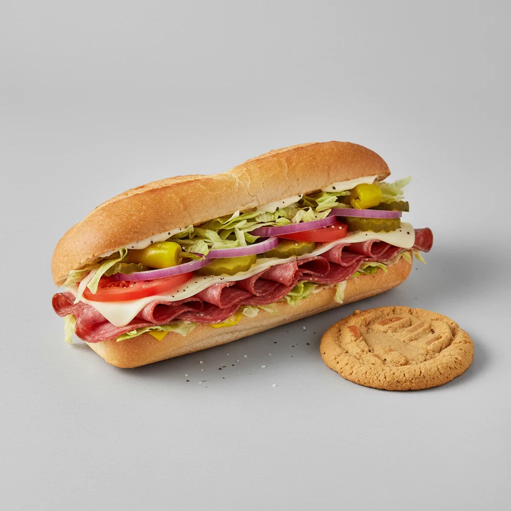 Salami and Provolone Sub on White Bread and a Peanut Butter Cookie Salami and Provolone Sub on White Bread and a Peanut Butter Cookie