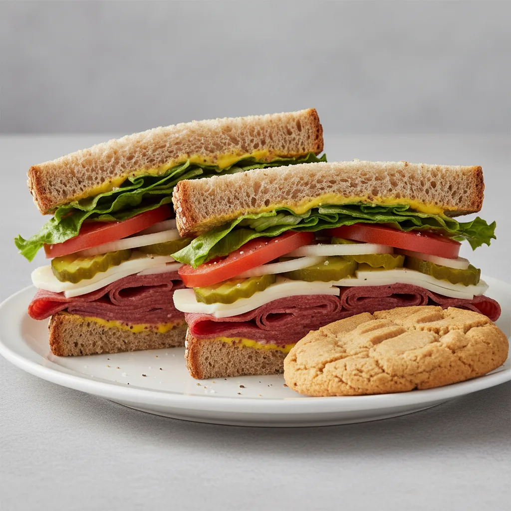 Salami and Provolone Sub on Whole Grain Wheat Bread and a Peanut Butter Cookie Salami and Provolone Sub on Whole Grain Wheat Bread and a Peanut Butter Cookie