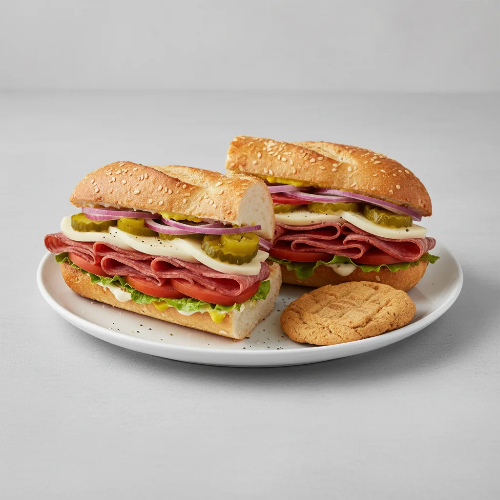 Salami and Provolone Sub on Parmesan Bread and a Peanut Butter Cookie Salami and Provolone Sub on Parmesan Bread and a Peanut Butter Cookie