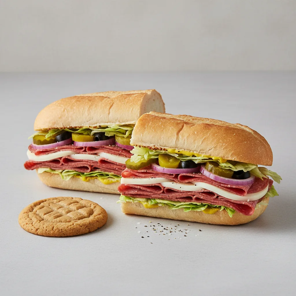 Salami & Provolone Sub on White Bread & a Peanut Butter Cookie (No Tomatoes) Salami & Provolone Sub on White Bread & a Peanut Butter Cookie (No Tomatoes)