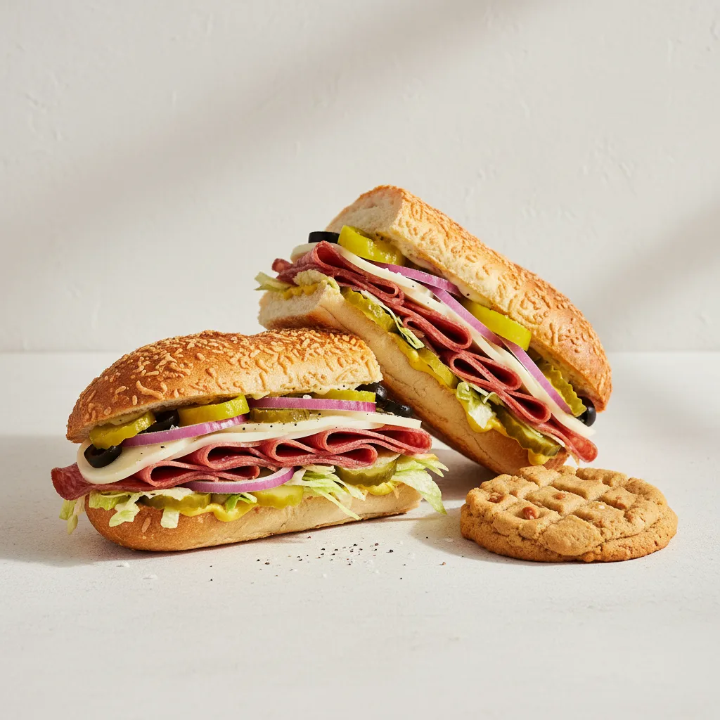 Salami & Provolone Sub on Parmesan Bread & a Peanut Butter Cookie (No Tomatoes) Salami & Provolone Sub on Parmesan Bread & a Peanut Butter Cookie (No Tomatoes)