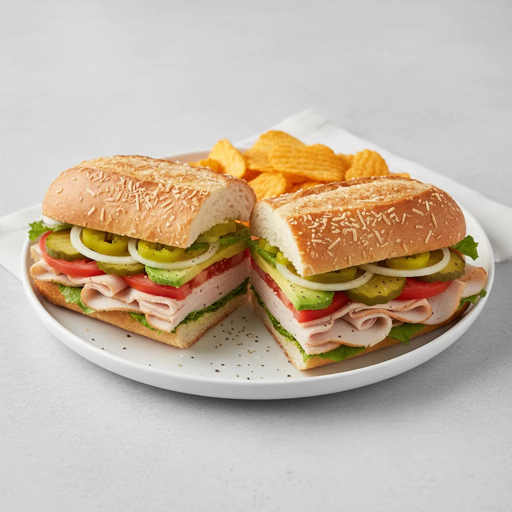 Turkey and Avocado Sub on Parmesan Bread with Harvest Cheddar Sun Chips Turkey and Avocado Sub on Parmesan Bread with Harvest Cheddar Sun Chips