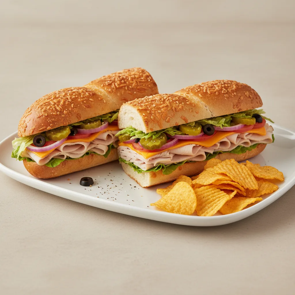Turkey & Cheddar Sub on Parmesan Bread, Harvest Cheddar Sun Chips (No Tomatoes) Turkey & Cheddar Sub on Parmesan Bread, Harvest Cheddar Sun Chips (No Tomatoes)