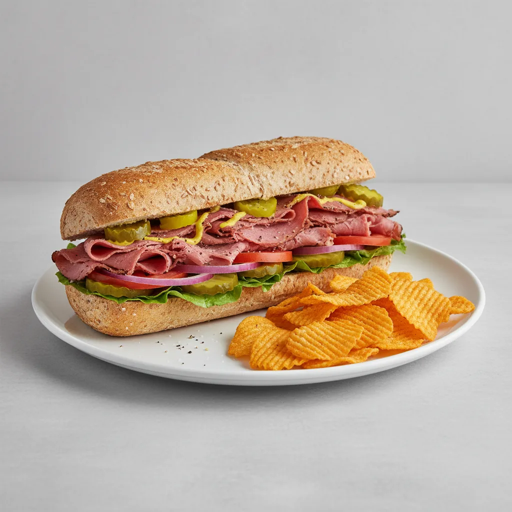 Hot Pastrami Sub on Whole Grain Wheat Bread with Harvest Cheddar Sun Chips Hot Pastrami Sub on Whole Grain Wheat Bread with Harvest Cheddar Sun Chips