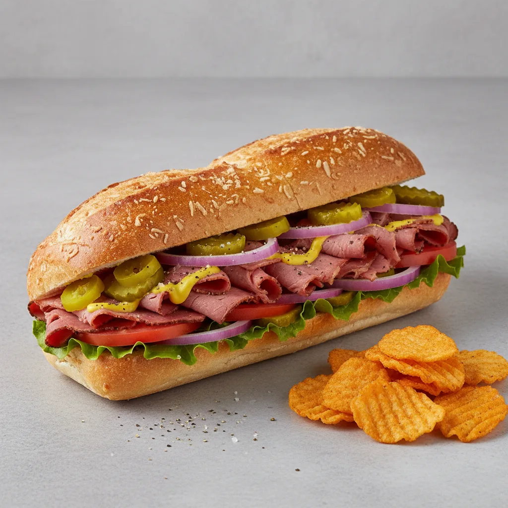Hot Pastrami Sub on Parmesan Bread with Harvest Cheddar Sun Chips Hot Pastrami Sub on Parmesan Bread with Harvest Cheddar Sun Chips