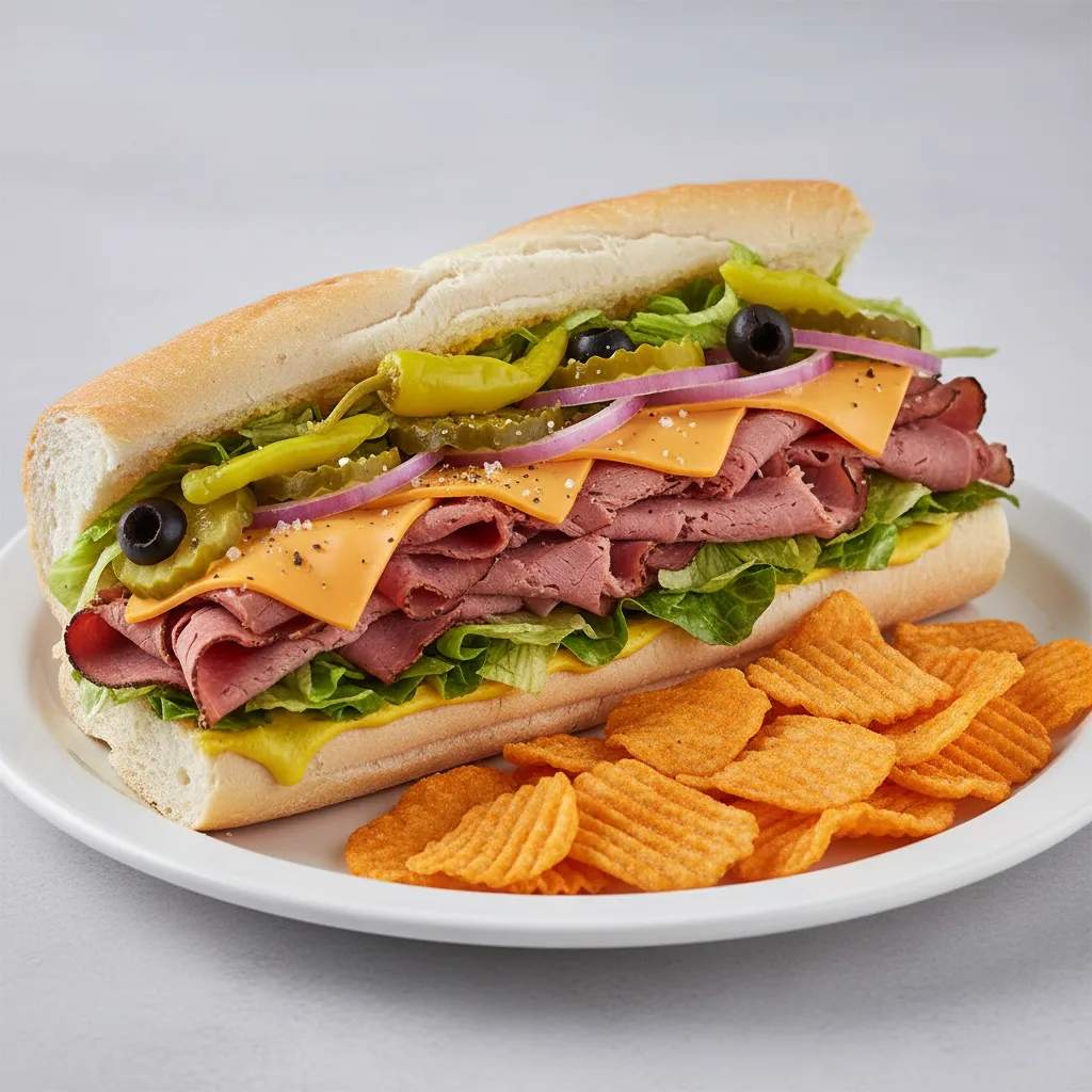 Hot Pastrami Sub on White Bread with Harvest Cheddar Sun Chips (No Tomatoes) Hot Pastrami Sub on White Bread with Harvest Cheddar Sun Chips (No Tomatoes)