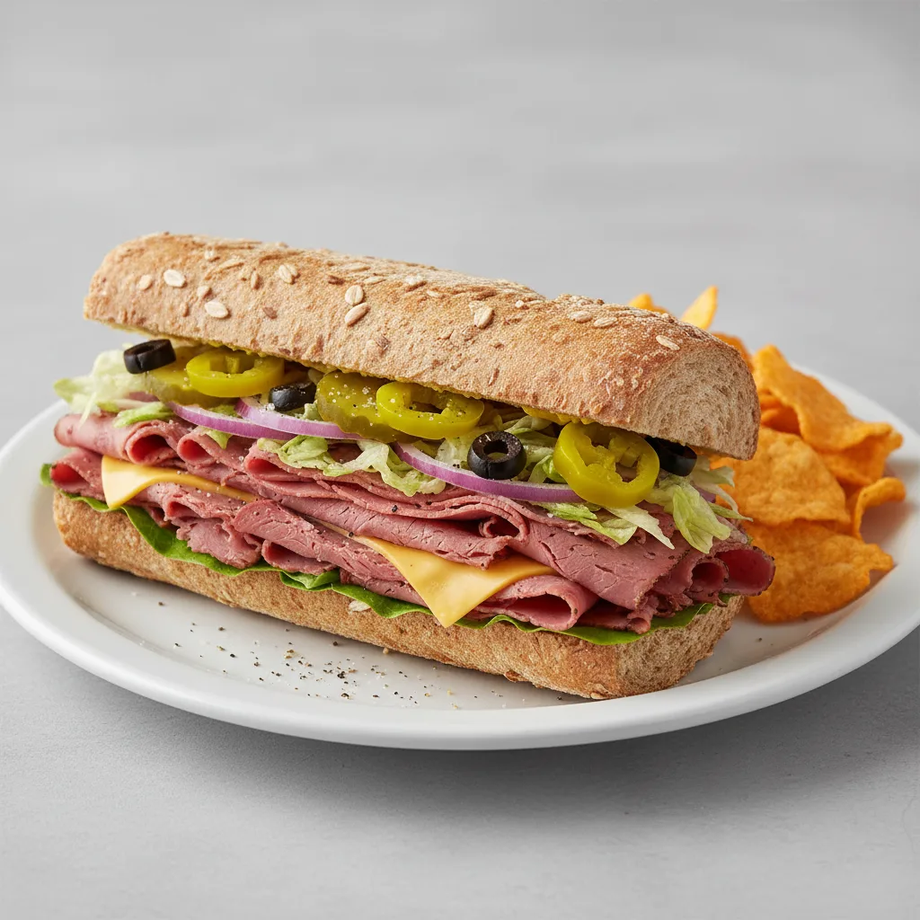 Hot Pastrami Sub on Wheat Bread with Harvest Cheddar Sun Chips (No Tomatoes) Hot Pastrami Sub on Wheat Bread with Harvest Cheddar Sun Chips (No Tomatoes)