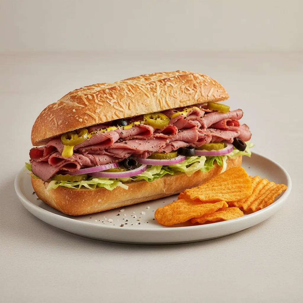 Hot Pastrami Sub on Parmesan Bread with Harvest Cheddar Sun Chips (No Tomatoes) Hot Pastrami Sub on Parmesan Bread with Harvest Cheddar Sun Chips (No Tomatoes)