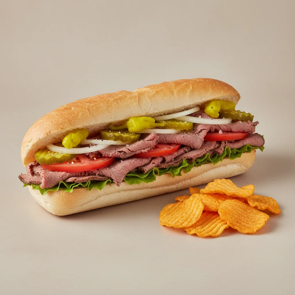Roast Beef Sub on White Bread with Harvest Cheddar Sun Chips Roast Beef Sub on White Bread with Harvest Cheddar Sun Chips