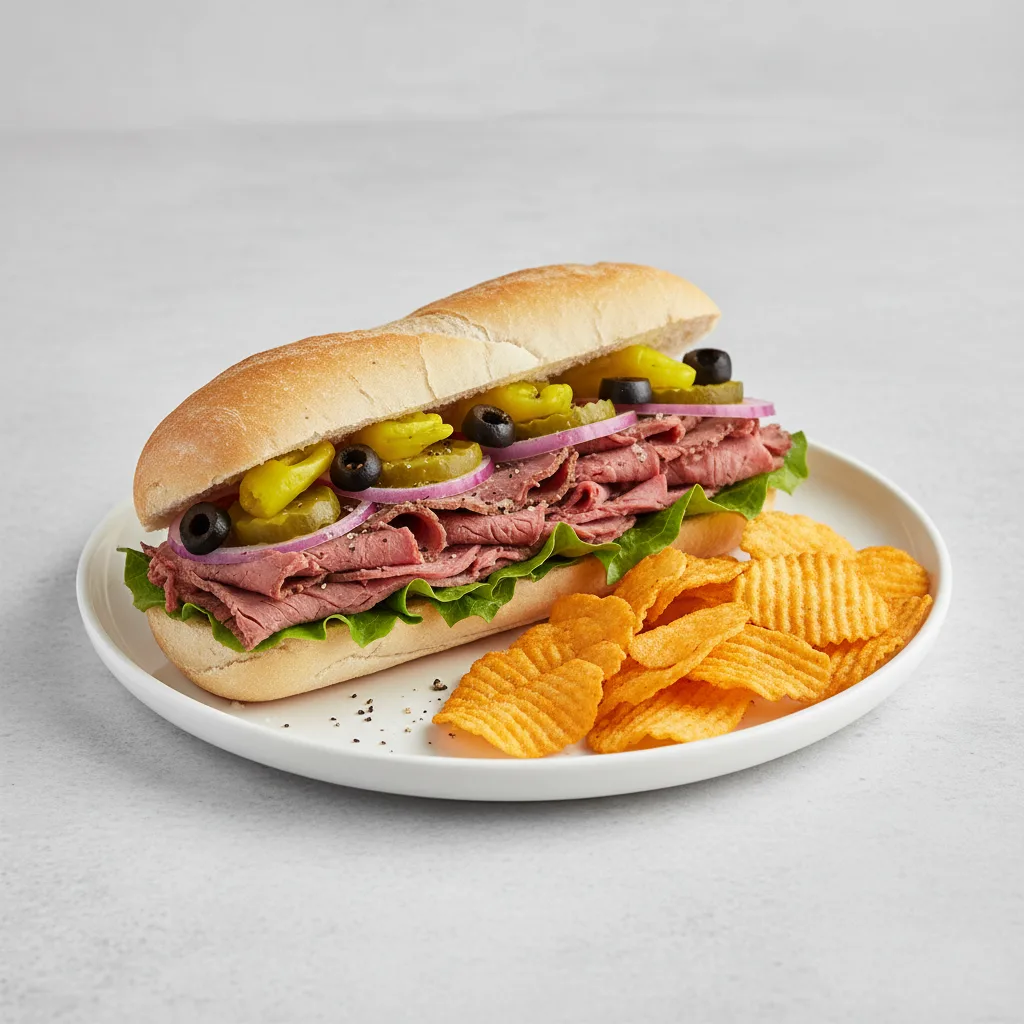 Roast Beef Sub on White Bread with Harvest Cheddar Sun Chips (No Tomatoes) Roast Beef Sub on White Bread with Harvest Cheddar Sun Chips (No Tomatoes)