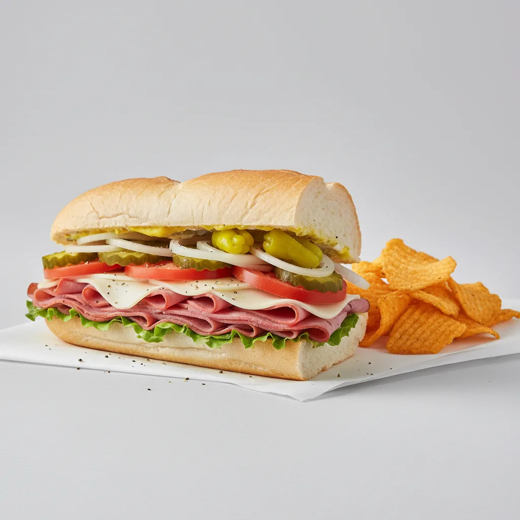 Ham and Swiss Sub on White Bread with Harvest Cheddar Sun Chips Ham and Swiss Sub on White Bread with Harvest Cheddar Sun Chips