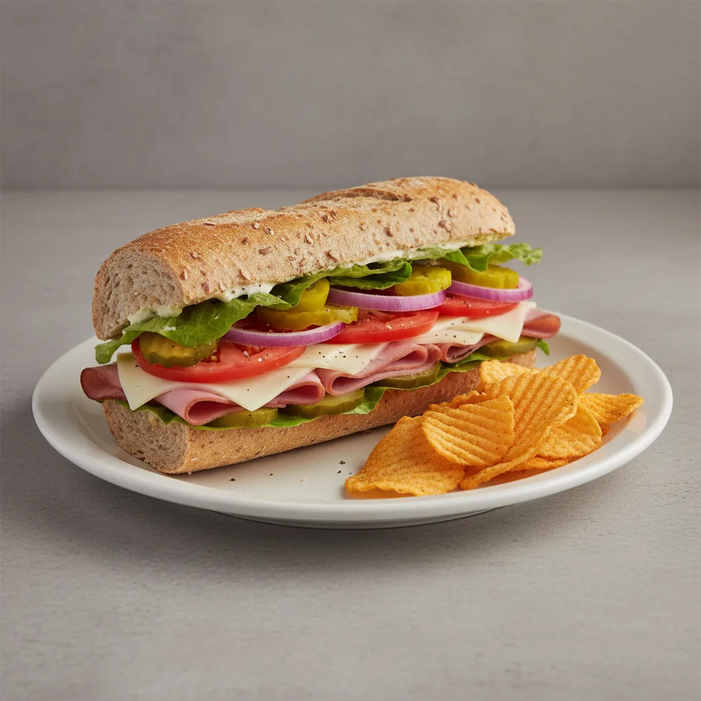 Ham and Swiss Sub on Whole Grain Wheat Bread with Harvest Cheddar Sun Chips Ham and Swiss Sub on Whole Grain Wheat Bread with Harvest Cheddar Sun Chips
