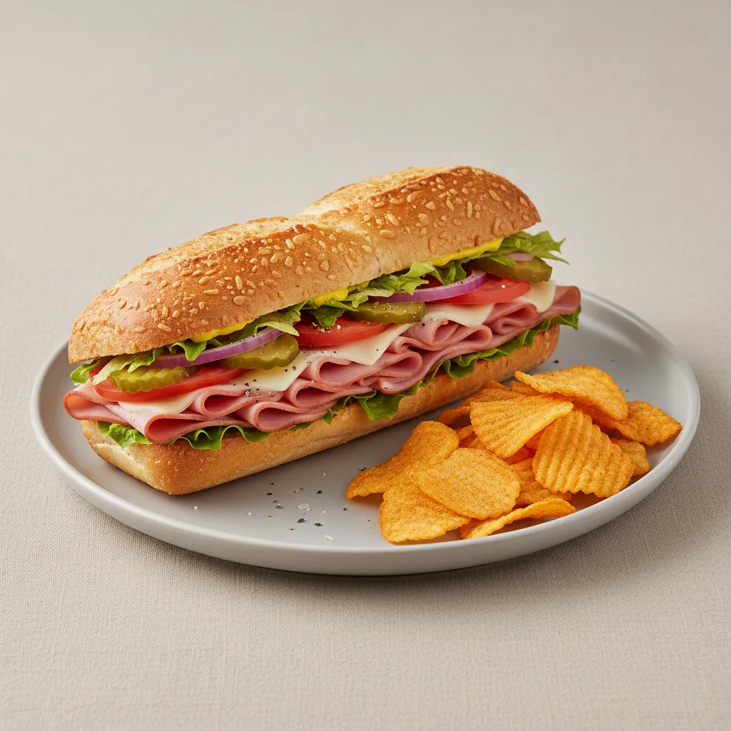 Ham and Swiss Sub on Parmesan Bread with Harvest Cheddar Sun Chips Ham and Swiss Sub on Parmesan Bread with Harvest Cheddar Sun Chips