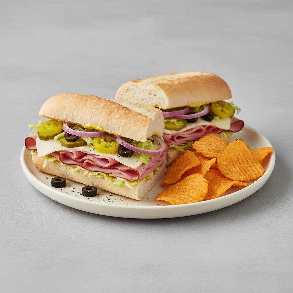 Ham and Swiss Sub on White Bread with Harvest Cheddar Sun Chips (No Tomatoes) Ham and Swiss Sub on White Bread with Harvest Cheddar Sun Chips (No Tomatoes)
