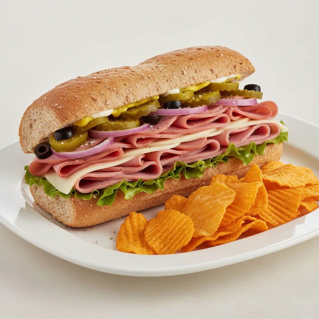Ham & Swiss Sub on Wheat Bread with Harvest Cheddar Sun Chips (No Tomatoes) Ham & Swiss Sub on Wheat Bread with Harvest Cheddar Sun Chips (No Tomatoes)