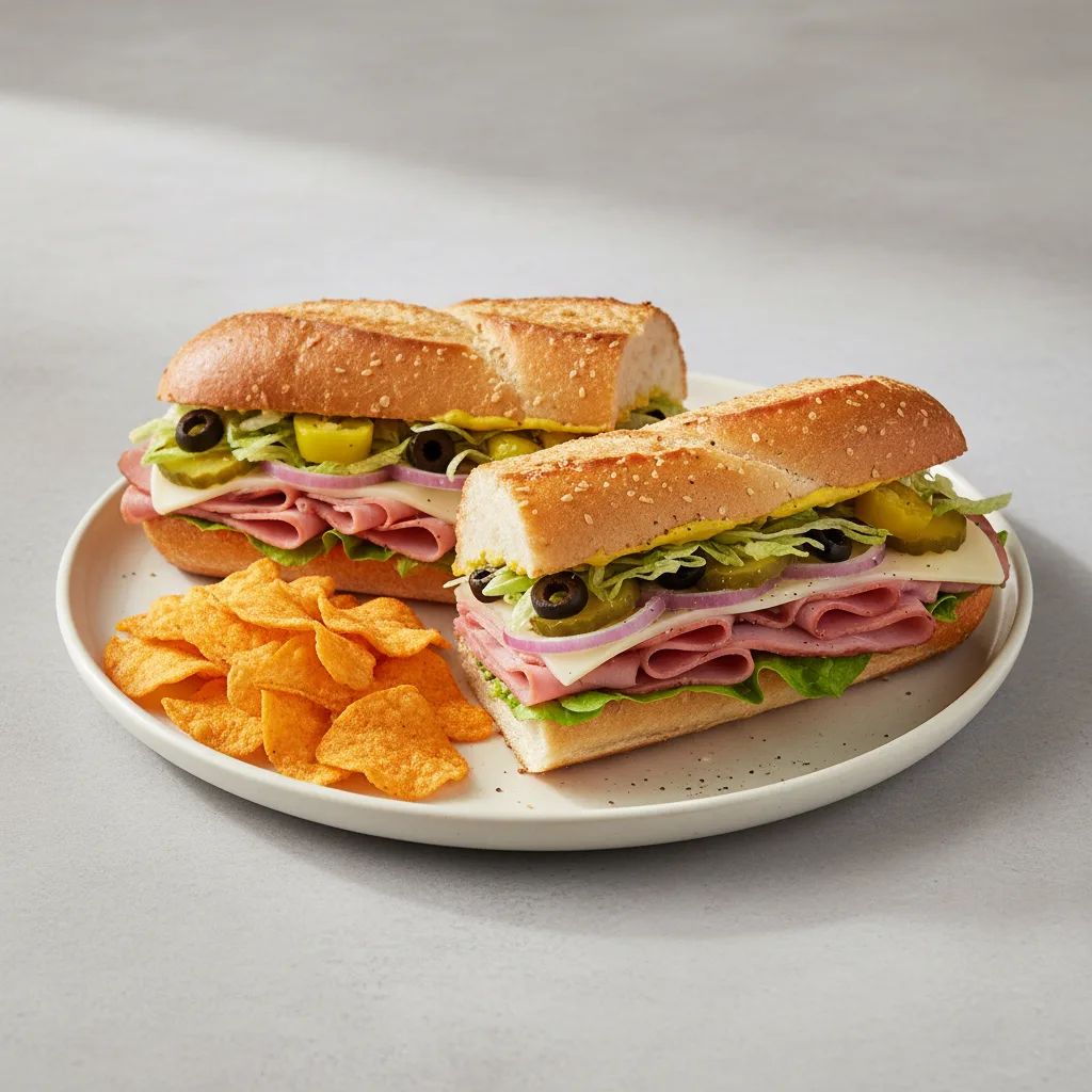 Ham & Swiss Sub on Parmesan Bread with Harvest Cheddar Sun Chips (No Tomatoes) Ham & Swiss Sub on Parmesan Bread with Harvest Cheddar Sun Chips (No Tomatoes)