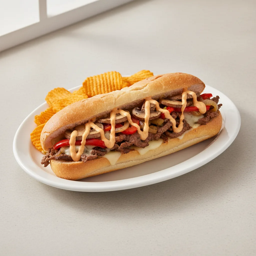 Beef Cheesesteak Sub on White Bread with Harvest Cheddar Sun Chips Beef Cheesesteak Sub on White Bread with Harvest Cheddar Sun Chips