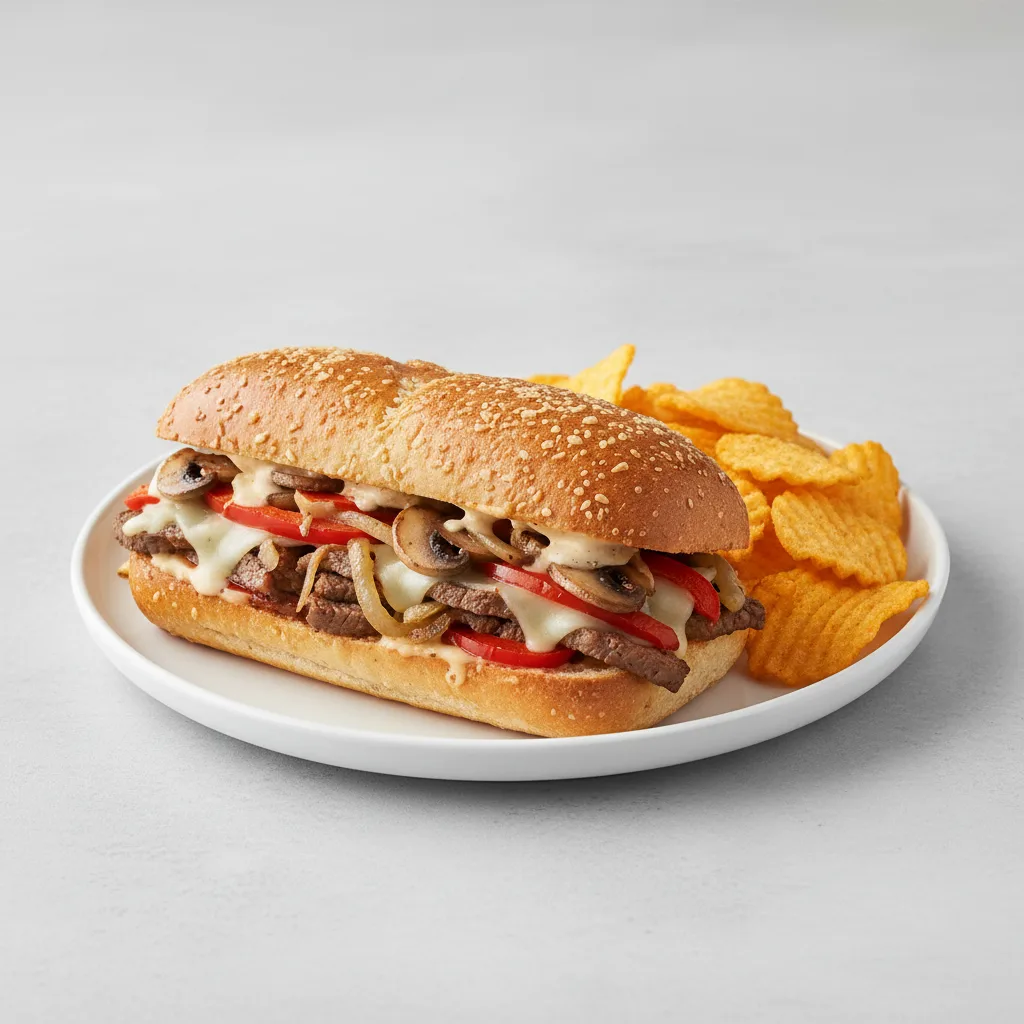 Beef Cheesesteak Sub on Parmesan Bread with Harvest Cheddar Sun Chips Beef Cheesesteak Sub on Parmesan Bread with Harvest Cheddar Sun Chips
