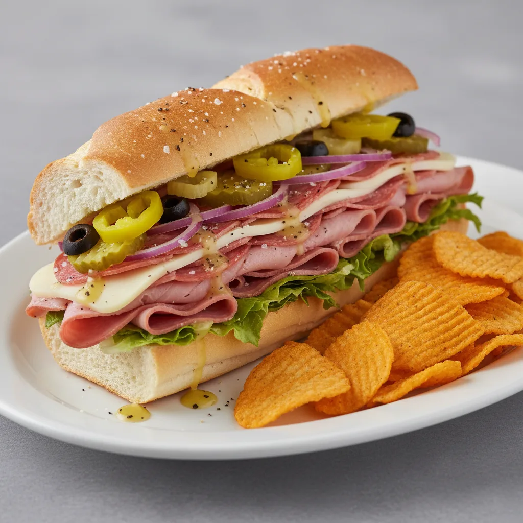 Italian Sub on White Bread with Harvest Cheddar Sun Chips (No Tomatoes) Italian Sub on White Bread with Harvest Cheddar Sun Chips (No Tomatoes)