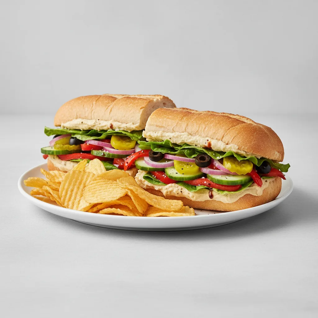 Vegan Sub on White Bread with Lay's Classic Potato Chips (No Tomatoes) Vegan Sub on White Bread with Lay's Classic Potato Chips (No Tomatoes)