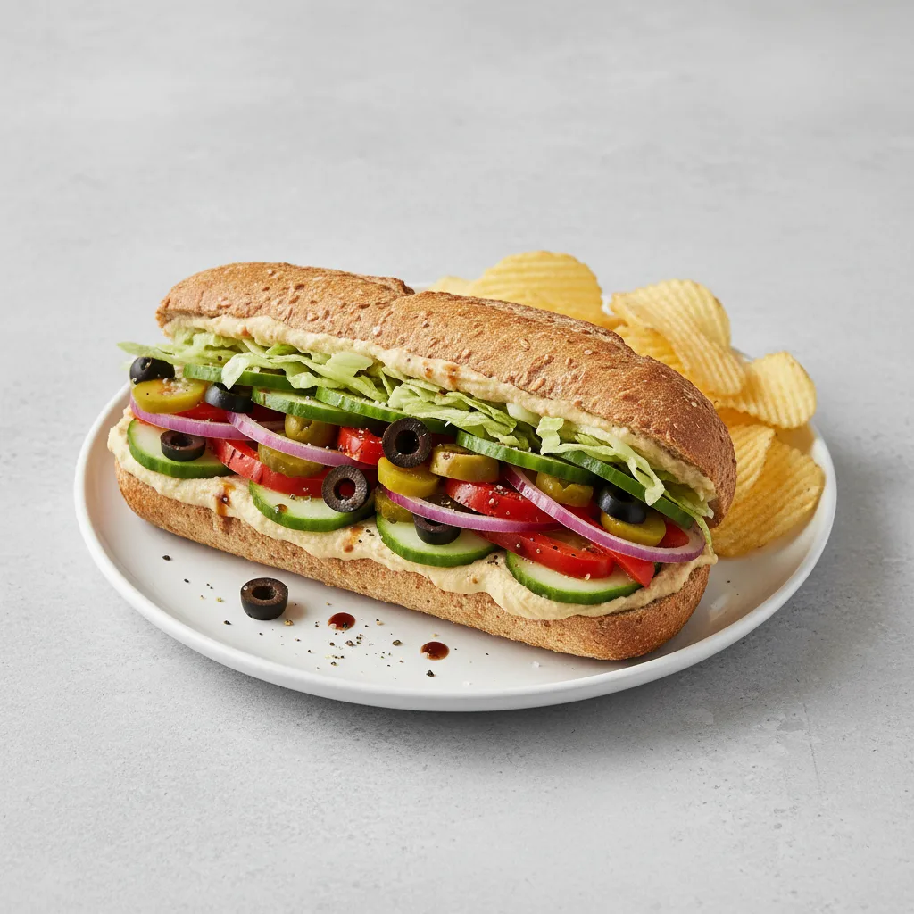 Vegan Sub on Wheat Bread with Lay's Classic Potato Chips (No Tomatoes) Vegan Sub on Wheat Bread with Lay's Classic Potato Chips (No Tomatoes)