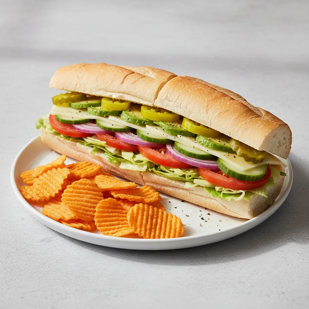 Vegetarian Sub on White Bread with Harvest Cheddar Sun Chips Vegetarian Sub on White Bread with Harvest Cheddar Sun Chips