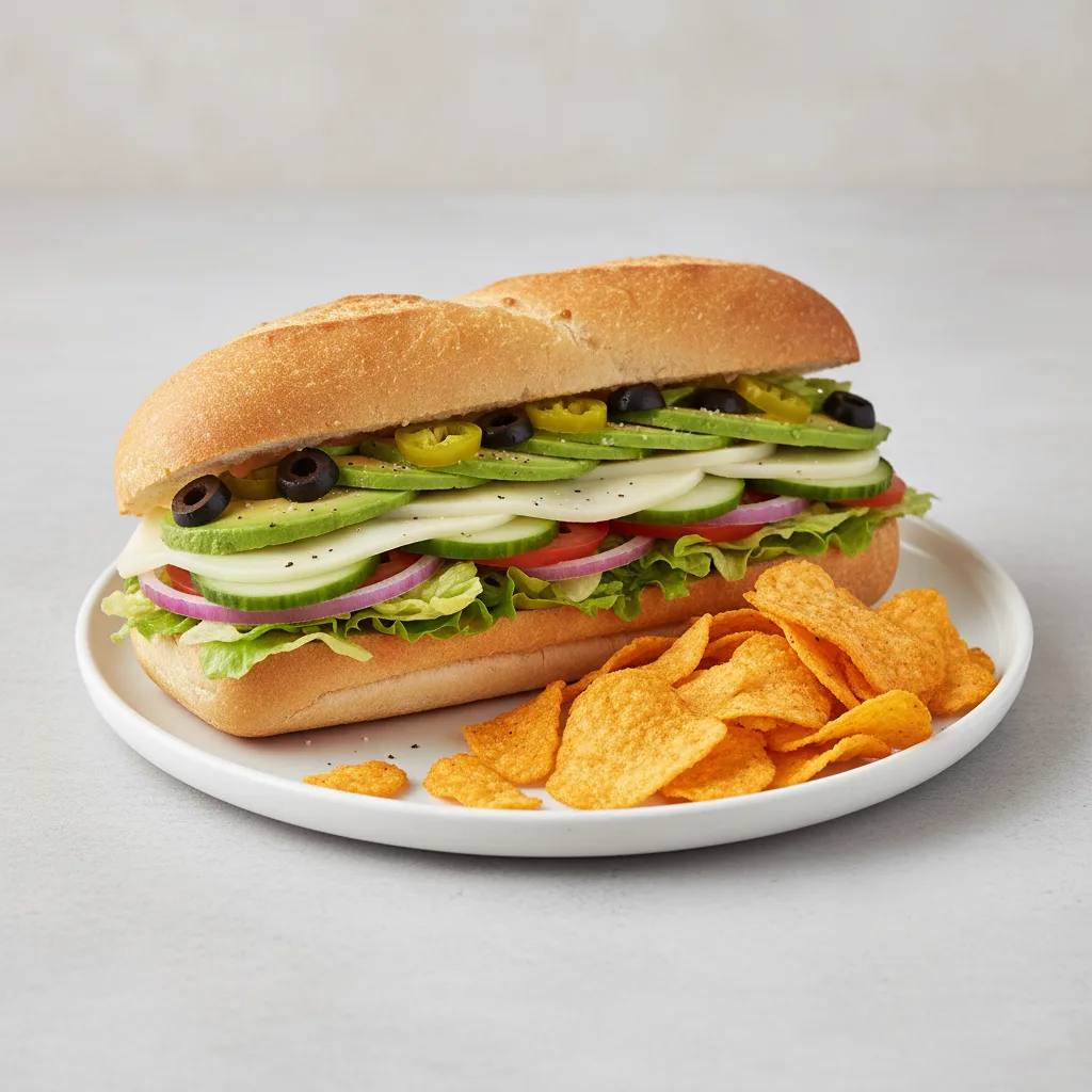 Vegetarian Sub on White Bread with Harvest Cheddar Sun Chips (No Tomatoes) Vegetarian Sub on White Bread with Harvest Cheddar Sun Chips (No Tomatoes)