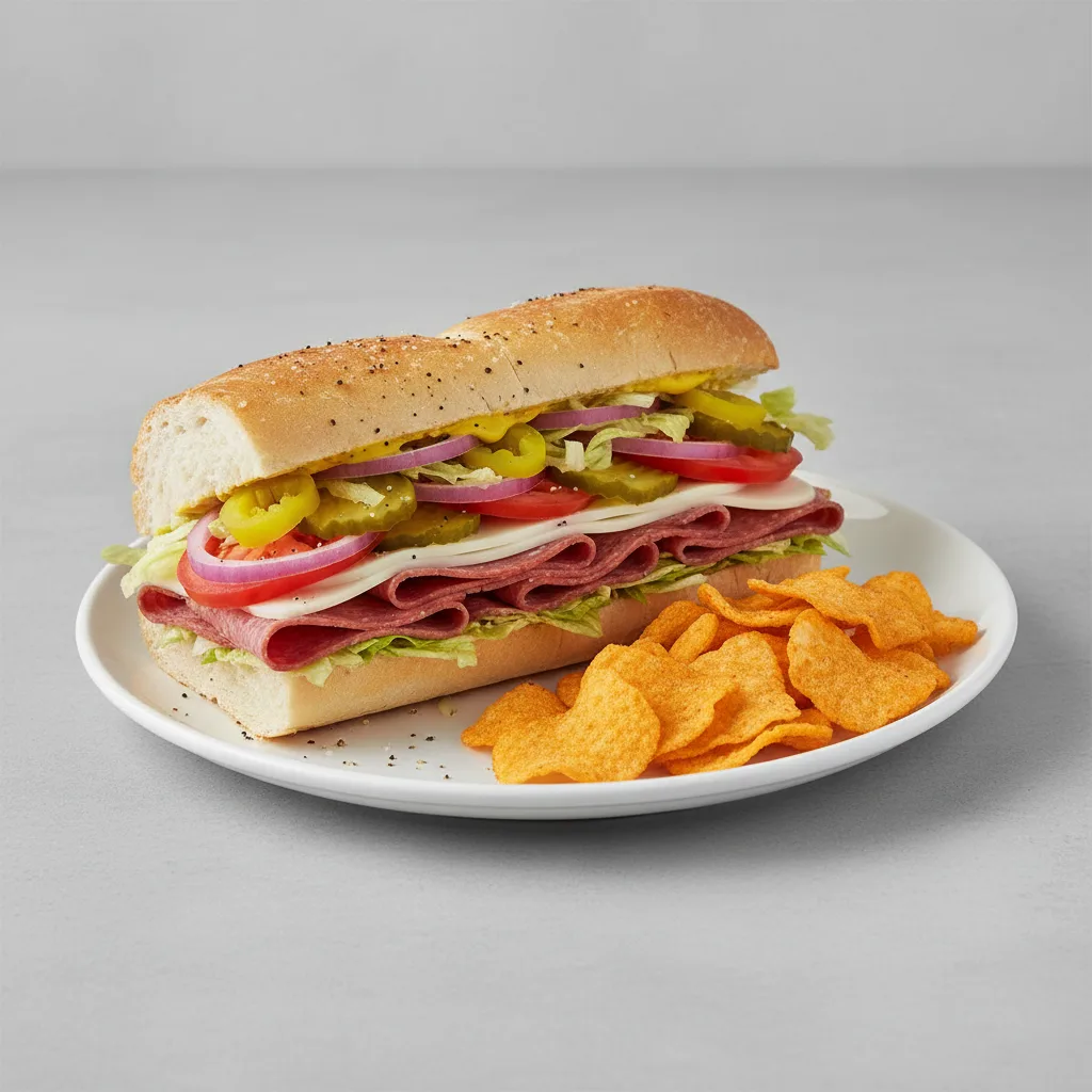 Salami and Provolone Sub on White Bread with Harvest Cheddar Sun Chips Salami and Provolone Sub on White Bread with Harvest Cheddar Sun Chips