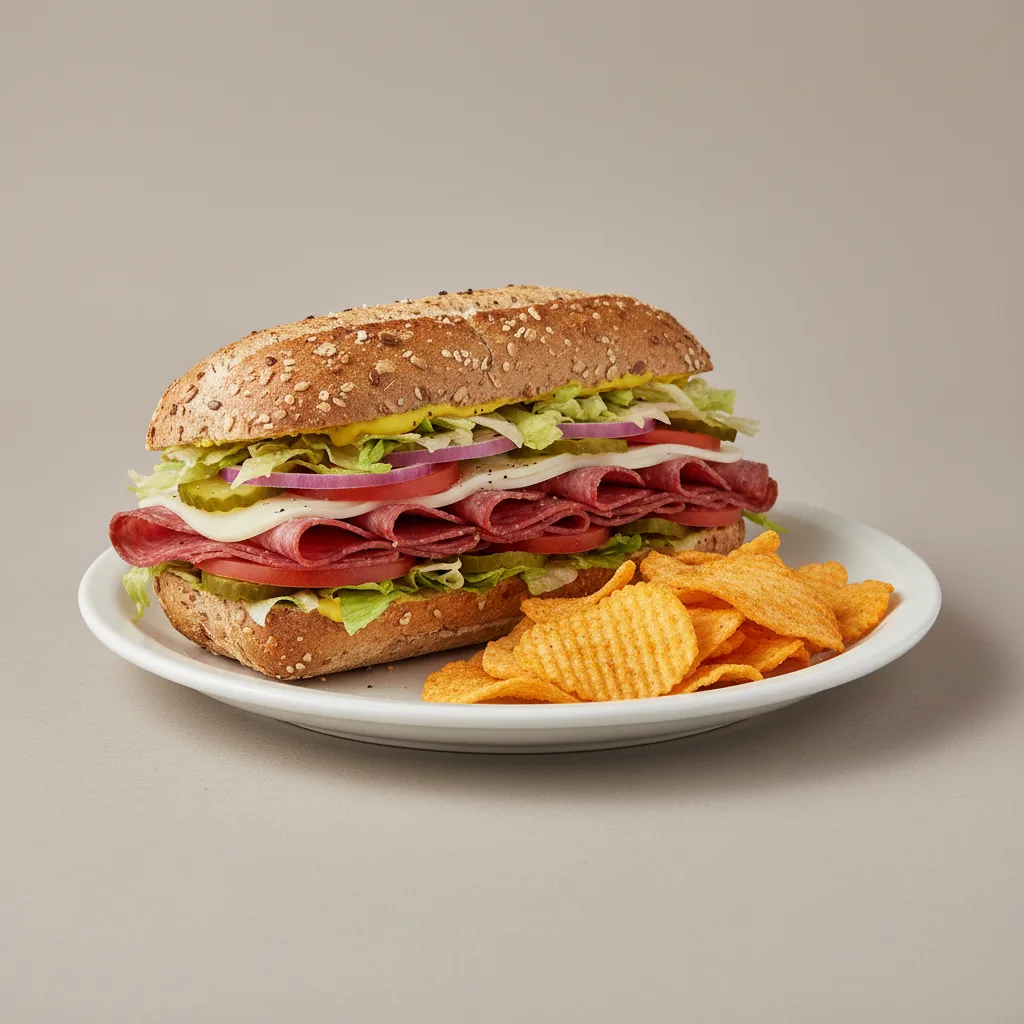 Salami & Provolone Sub on Whole Grain Wheat Bread with Harvest Cheddar Sun Chips Salami & Provolone Sub on Whole Grain Wheat Bread with Harvest Cheddar Sun Chips