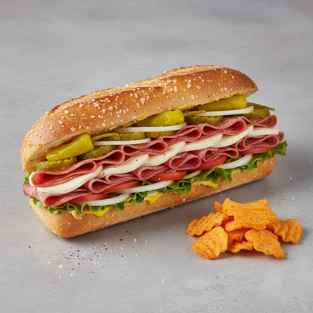 Salami and Provolone Sub on Parmesan Bread with Harvest Cheddar Sun Chips Salami and Provolone Sub on Parmesan Bread with Harvest Cheddar Sun Chips
