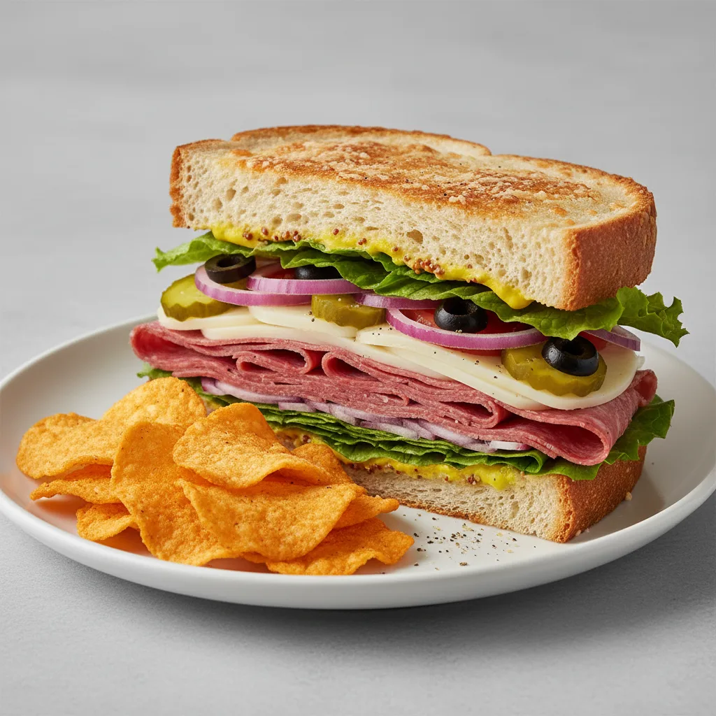 Salami & Provolone on Parmesan Bread w/ Harvest Cheddar Sun Chips (No Tomatoes) Salami & Provolone on Parmesan Bread w/ Harvest Cheddar Sun Chips (No Tomatoes)
