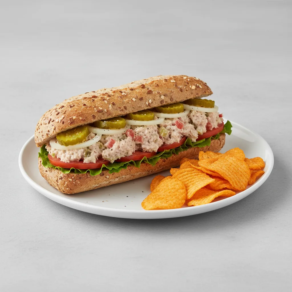 Albacore Tuna Sub on Whole Grain Wheat Bread with Harvest Cheddar Sun Chips Albacore Tuna Sub on Whole Grain Wheat Bread with Harvest Cheddar Sun Chips