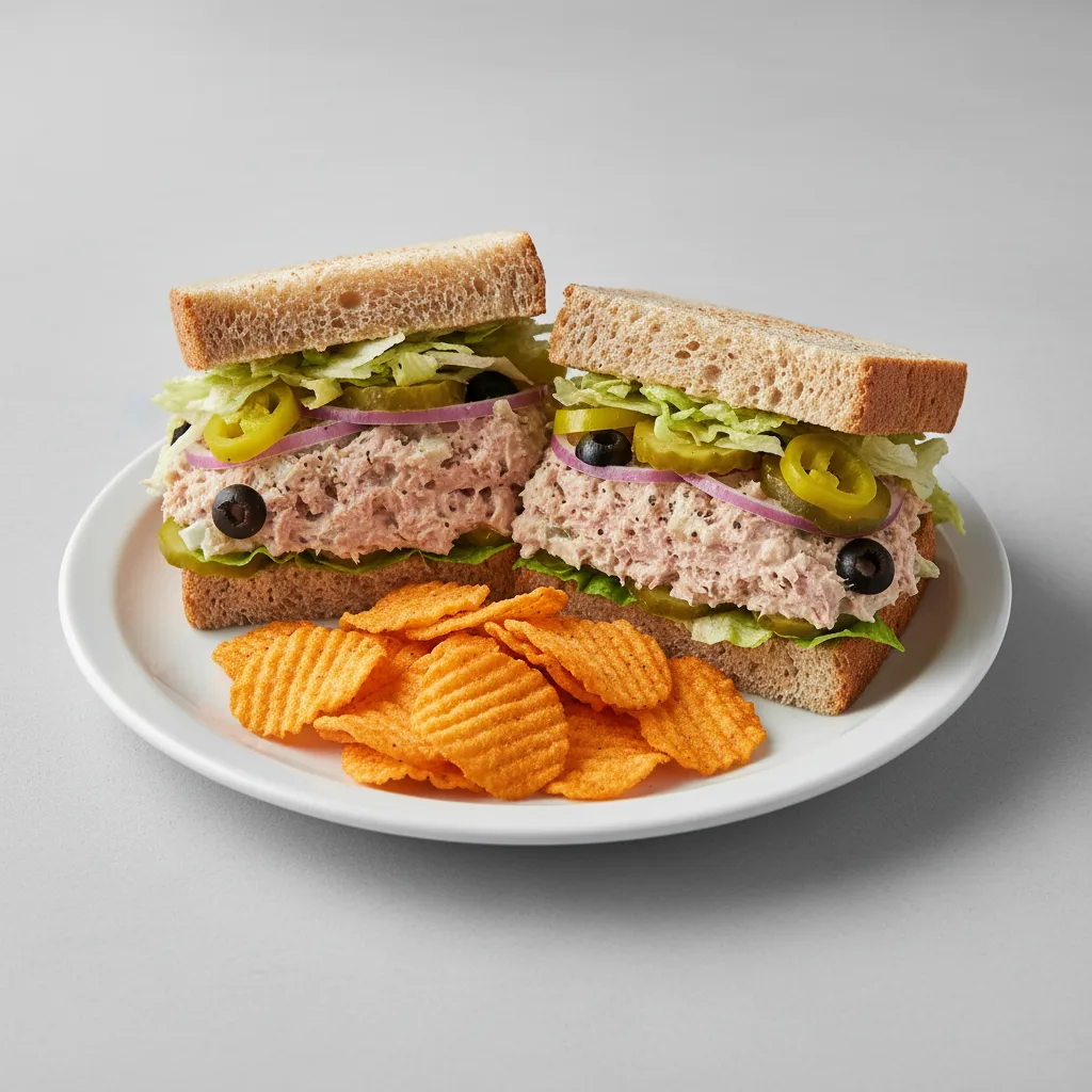 Albacore Tuna Sub on Wheat Bread with Harvest Cheddar Sun Chips (No Tomatoes) Albacore Tuna Sub on Wheat Bread with Harvest Cheddar Sun Chips (No Tomatoes)