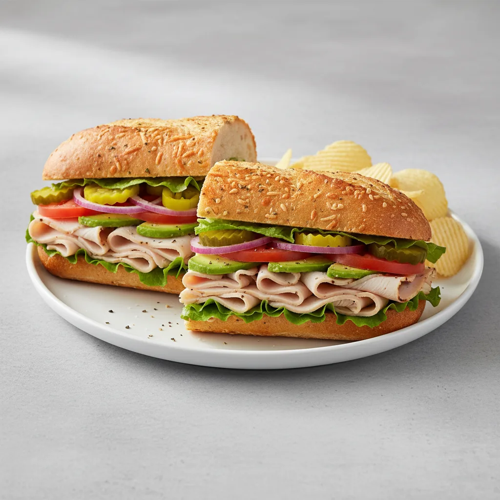 Turkey and Avocado Sub on Parmesan Bread with Lay's Classic Potato Chips Turkey and Avocado Sub on Parmesan Bread with Lay's Classic Potato Chips