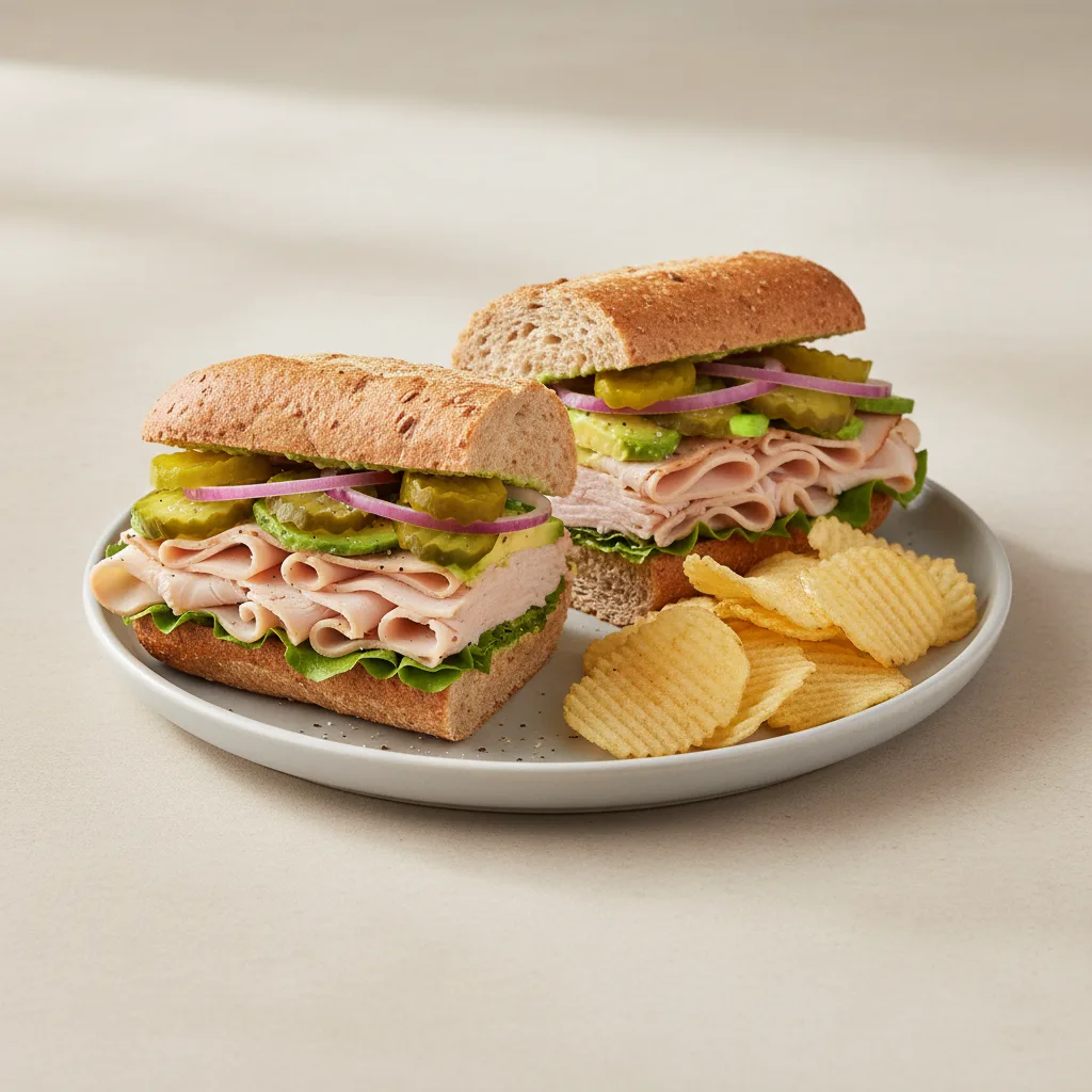 Turkey & Avocado Sub on Whole Grain Wheat, Lay's Potato Chips (No Tomatoes) Turkey & Avocado Sub on Whole Grain Wheat, Lay's Potato Chips (No Tomatoes)