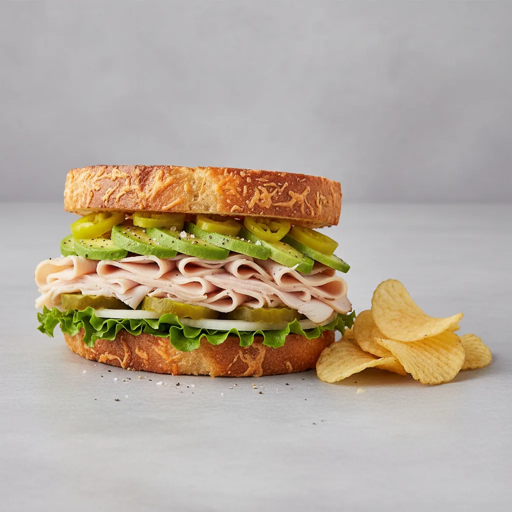 Turkey & Avocadom on Parmesan Bread w/ Lay's Classic Potato Chips (No Tomatoes) Turkey & Avocadom on Parmesan Bread w/ Lay's Classic Potato Chips (No Tomatoes)