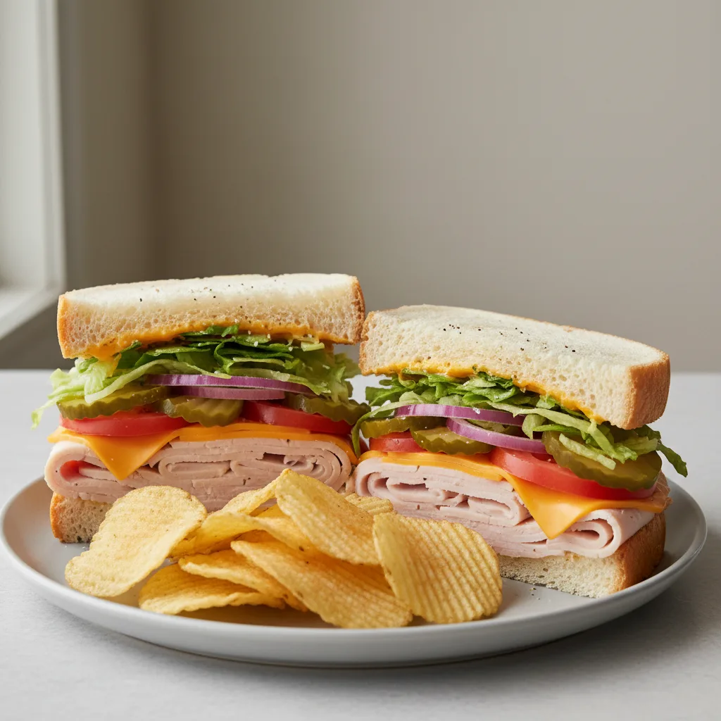 Turkey and Cheddar Sub on White Bread with Lay's Classic Potato Chips Turkey and Cheddar Sub on White Bread with Lay's Classic Potato Chips