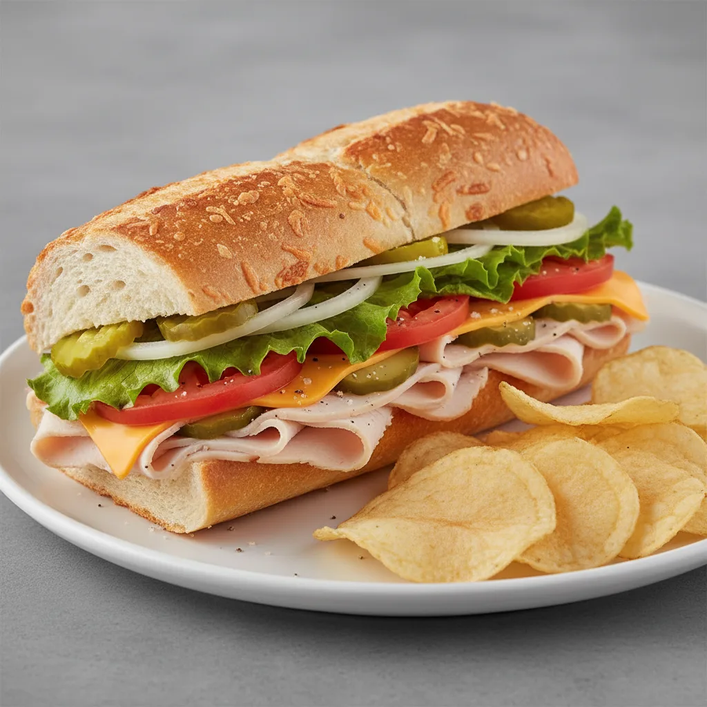Turkey and Cheddar Sub on Parmesan Bread with Lay's Classic Potato Chips Turkey and Cheddar Sub on Parmesan Bread with Lay's Classic Potato Chips