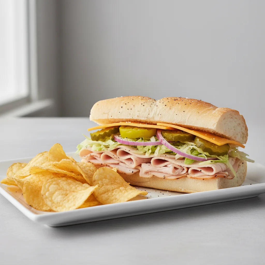 Turkey & Cheddar Sub on White Bread w/ Lay's Classic Potato Chips (No Tomatoes) Turkey & Cheddar Sub on White Bread w/ Lay's Classic Potato Chips (No Tomatoes)