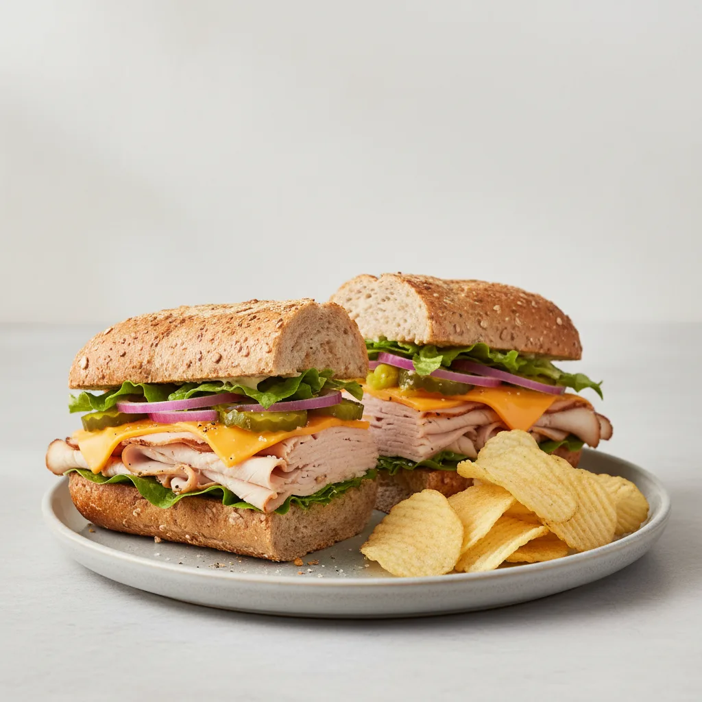 Turkey & Cheddar Sub on Whole Grain Wheat, Lay's Potato Chips (No Tomatoes) Turkey & Cheddar Sub on Whole Grain Wheat, Lay's Potato Chips (No Tomatoes)