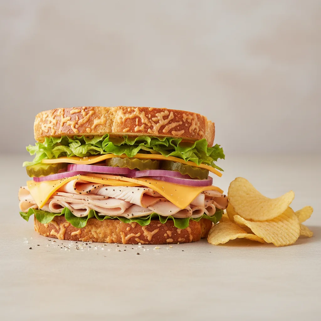 Turkey & Cheddar on Parmesan Bread w/ Lay's Classic Potato Chips (No Tomatoes) Turkey & Cheddar on Parmesan Bread w/ Lay's Classic Potato Chips (No Tomatoes)