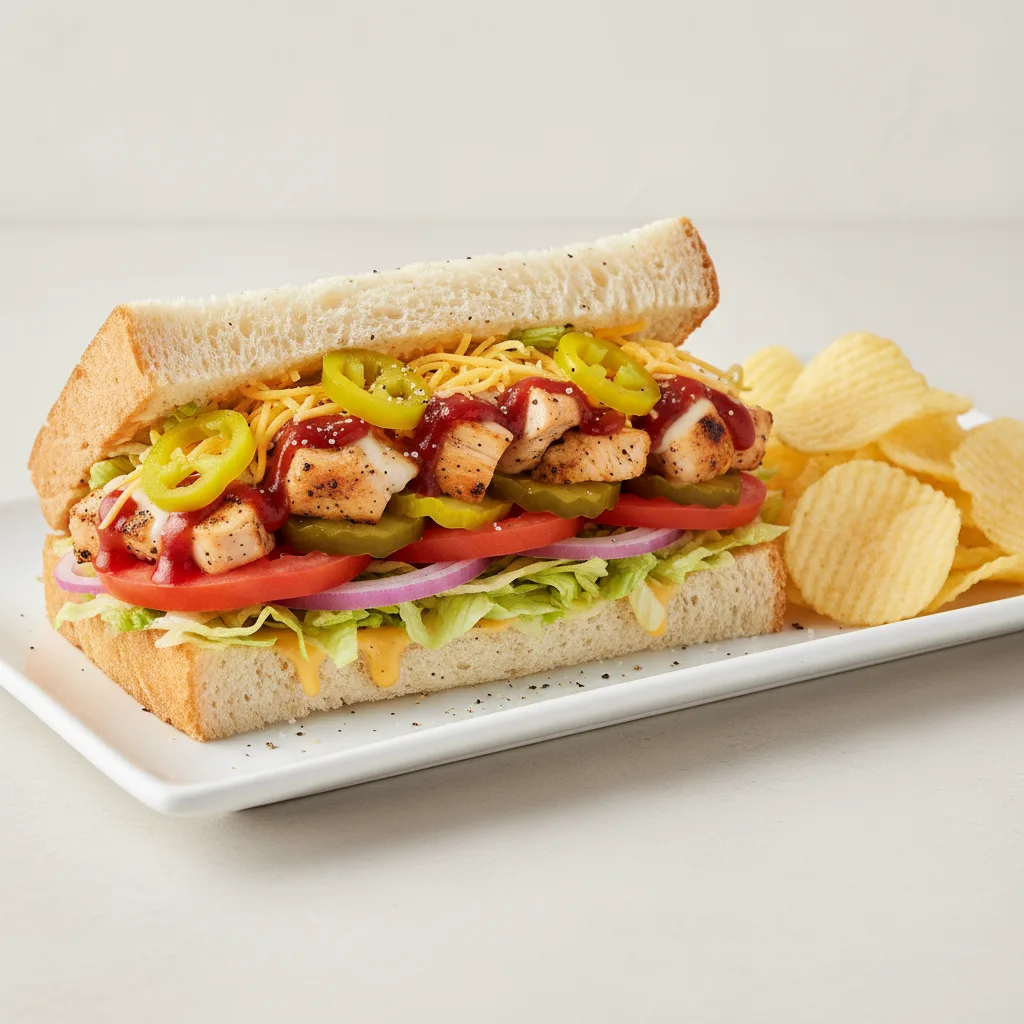 BBQ Chipotle Chicken Sub on White Bread with Lay's Classic Potato Chips BBQ Chipotle Chicken Sub on White Bread with Lay's Classic Potato Chips