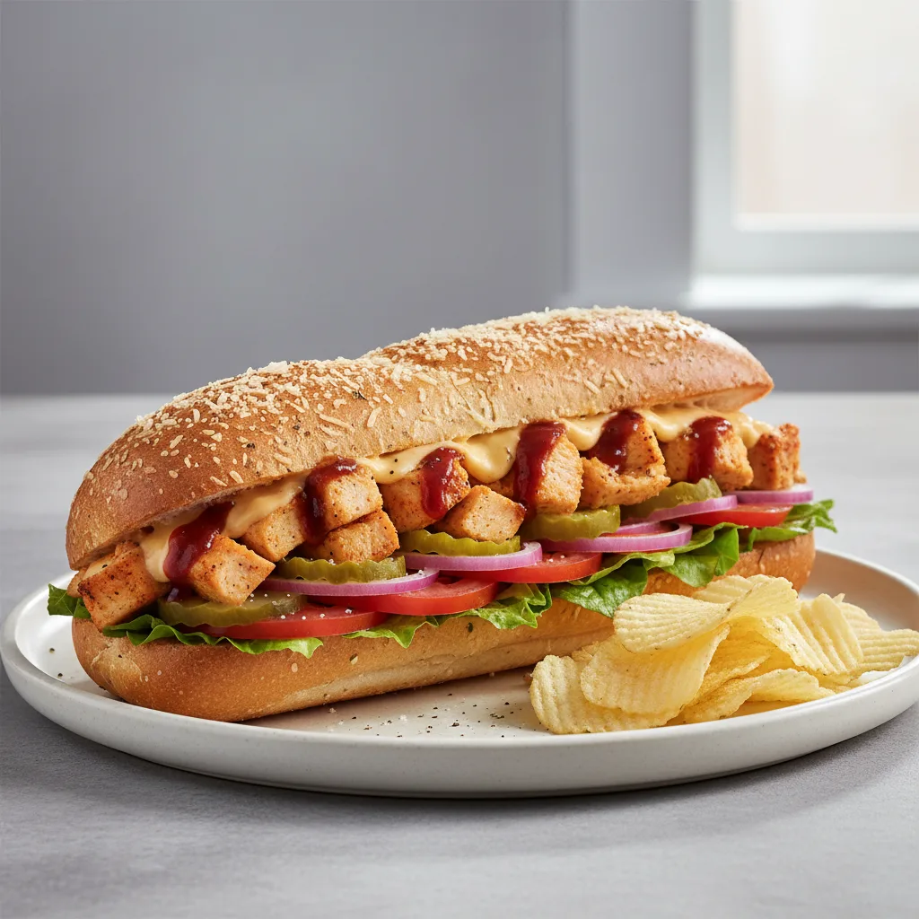 BBQ Chipotle Chicken Sub on Parmesan Bread with Lay's Classic Potato Chips BBQ Chipotle Chicken Sub on Parmesan Bread with Lay's Classic Potato Chips