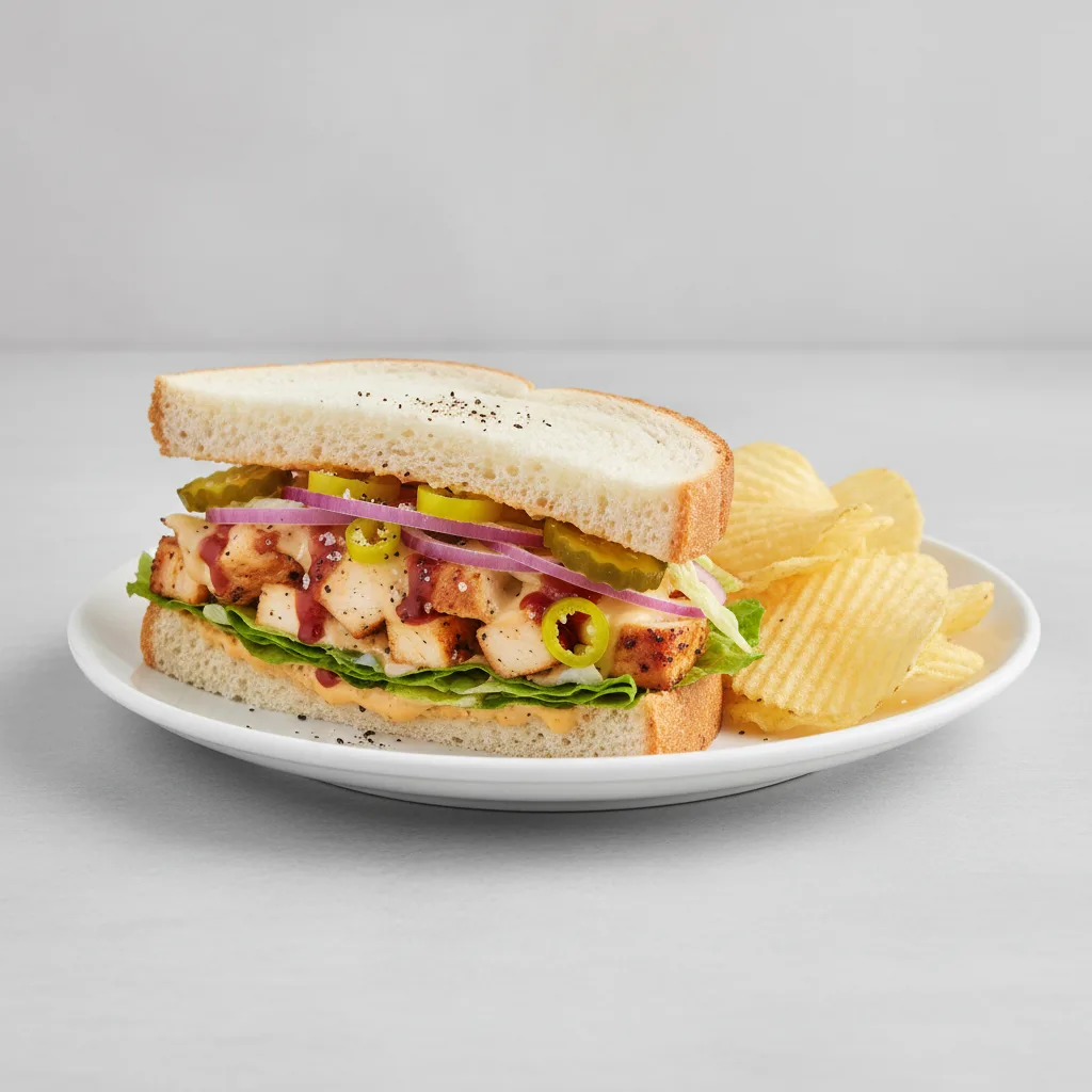 BBQ Chipotle Chicken on White Bread w/ Lay's Classic Potato Chips (No Tomatoes) BBQ Chipotle Chicken on White Bread w/ Lay's Classic Potato Chips (No Tomatoes)