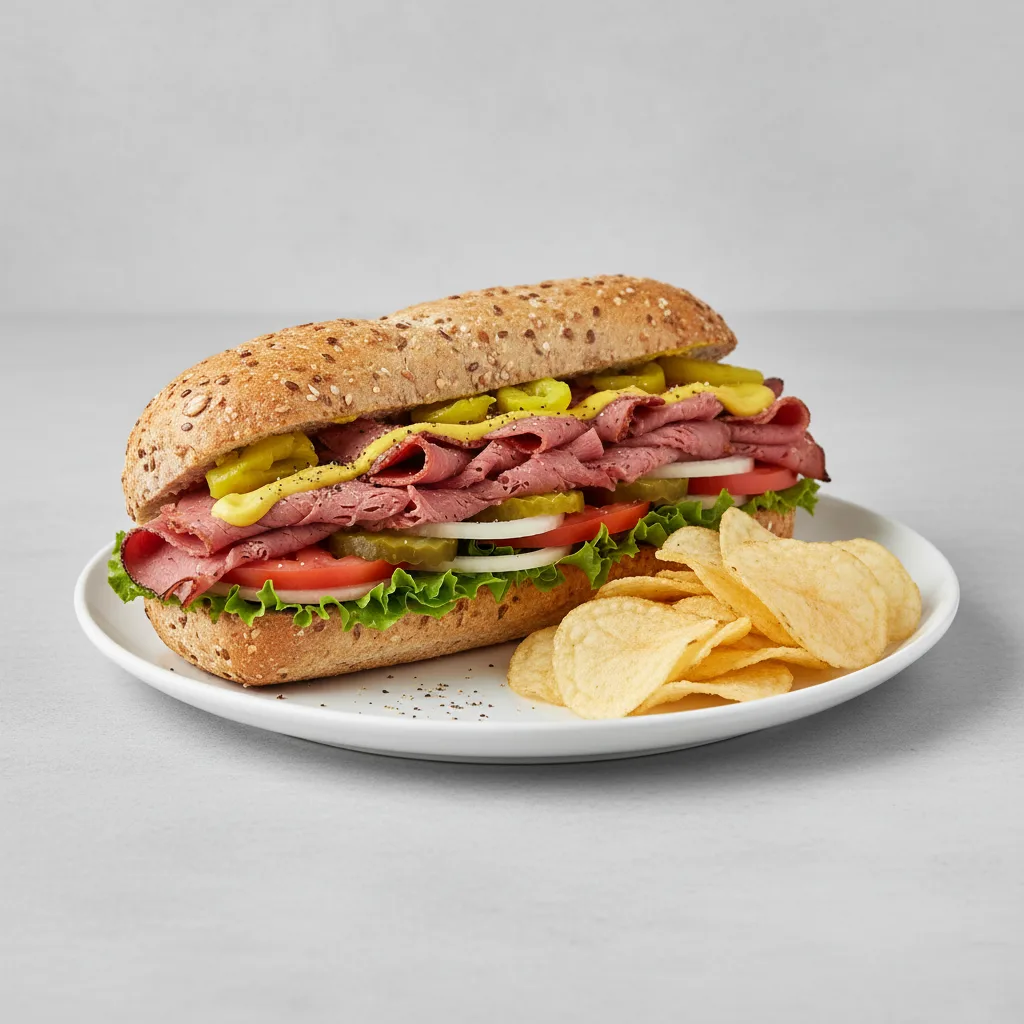 Hot Pastrami Sub on Whole Grain Wheat Bread with Lay's Classic Potato Chips Hot Pastrami Sub on Whole Grain Wheat Bread with Lay's Classic Potato Chips
