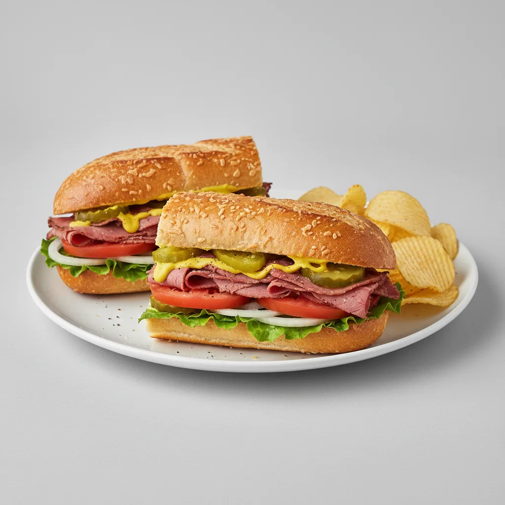 Hot Pastrami Sub on Parmesan Bread with Lay's Classic Potato Chips Hot Pastrami Sub on Parmesan Bread with Lay's Classic Potato Chips