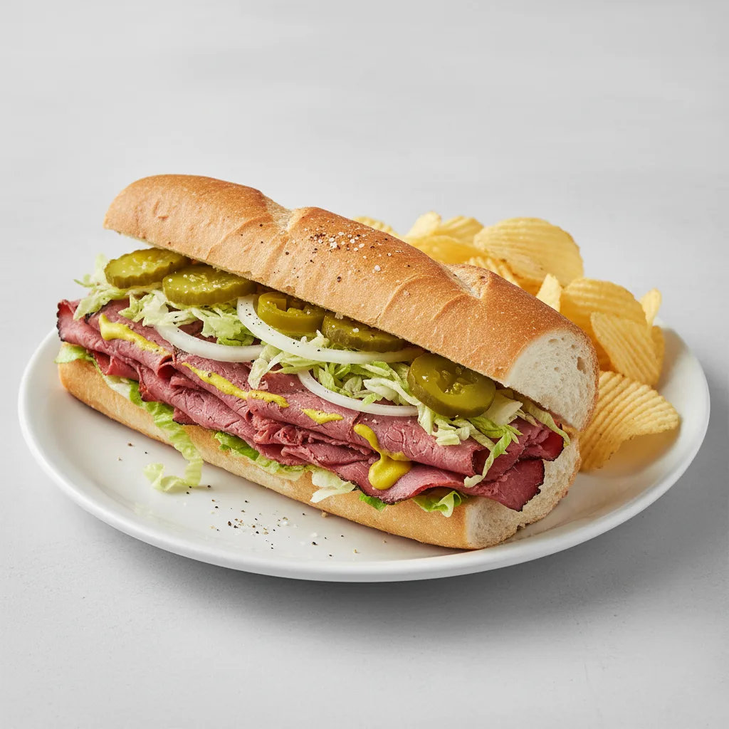 Hot Pastrami Sub on White Bread with Lay's Classic Potato Chips (No Tomatoes) Hot Pastrami Sub on White Bread with Lay's Classic Potato Chips (No Tomatoes)